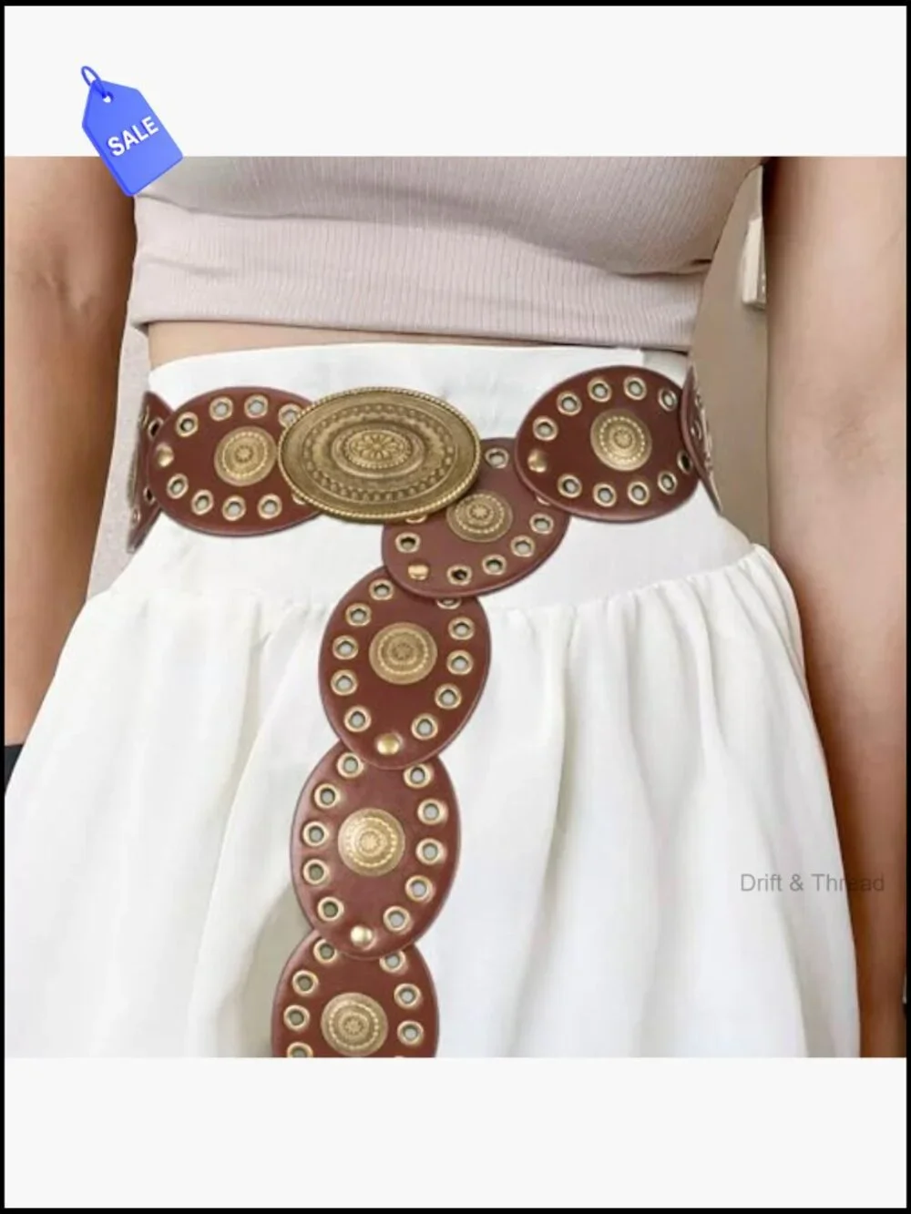 Wide Boho Western Belt with Hollow Rivets Chunky Cowgirl Style Waist Belt for
